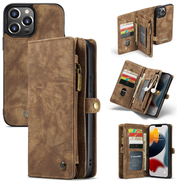 CaseMe-008 Detachable Multifunctional Horizontal Flip Leather Case with Card Slot & Holder & Zipper Wallet & Photo Frame For iPhone 13 Pro Max(Brown)