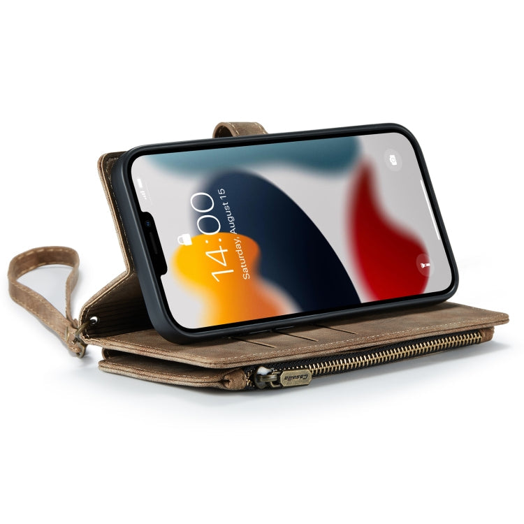 CaseMe-C30 PU + TPU Multifunctional Horizontal Flip Leather Case with Holder & Card Slot & Wallet & Zipper Pocket For iPhone 13 Pro Max(Brown)