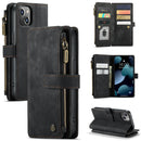 CaseMe-C30 PU + TPU Multifunctional Horizontal Flip Leather Case with Holder & Card Slot & Wallet & Zipper Pocket For iPhone 13(Black)