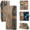 CaseMe-C30 PU + TPU Multifunctional Horizontal Flip Leather Case with Holder & Card Slot & Wallet & Zipper Pocket For iPhone 13(Brown)
