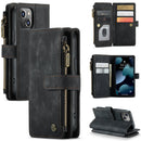 CaseMe-C30 PU + TPU Multifunctional Horizontal Flip Leather Case with Holder & Card Slot & Wallet & Zipper Pocket For iPhone 13 mini(Black)