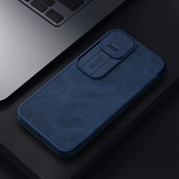 NILLKIN QIN Series Pro Sliding Camera Cover Design Crazy Horse Texture Horizontal Flip Leather Case with Card Slot For iPhone 13(Blue)
