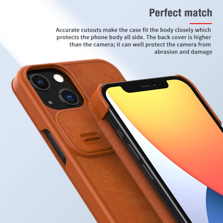 NILLKIN QIN Series Pro Sliding Camera Cover Design Crazy Horse Texture Horizontal Flip Leather Case with Card Slot For iPhone 13(Blue)