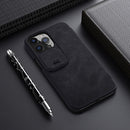 NILLKIN QIN Series Pro Sliding Camera Cover Design Crazy Horse Texture Horizontal Flip Leather Case with Card Slot For iPhone 13 Pro(Black)