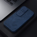 NILLKIN QIN Series Pro Sliding Camera Cover Design Crazy Horse Texture Horizontal Flip Leather Case with Card Slot For iPhone 13 Pro(Blue)