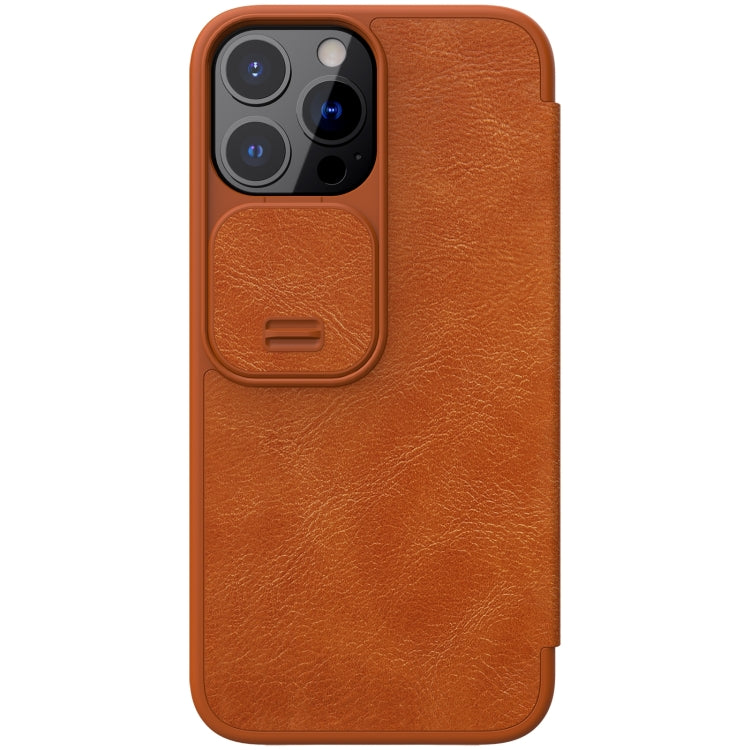 NILLKIN QIN Series Pro Sliding Camera Cover Design Crazy Horse Texture Horizontal Flip Leather Case with Card Slot For iPhone 13 Pro Max(Brown)