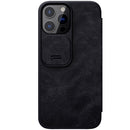 NILLKIN QIN Series Pro Sliding Camera Cover Design Crazy Horse Texture Horizontal Flip Leather Case with Card Slot For iPhone 13 Pro Max(Black)