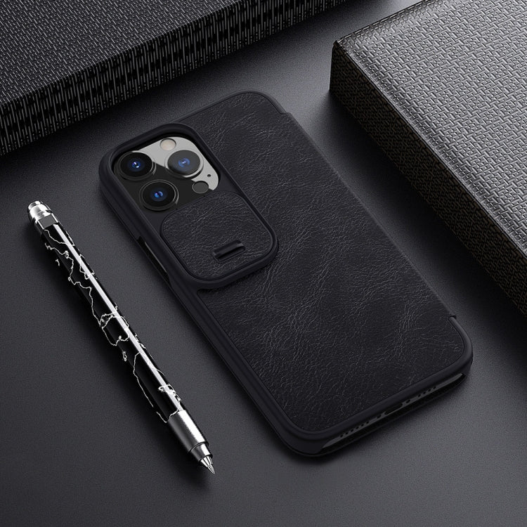 NILLKIN QIN Series Pro Sliding Camera Cover Design Crazy Horse Texture Horizontal Flip Leather Case with Card Slot For iPhone 13 Pro Max(Black)