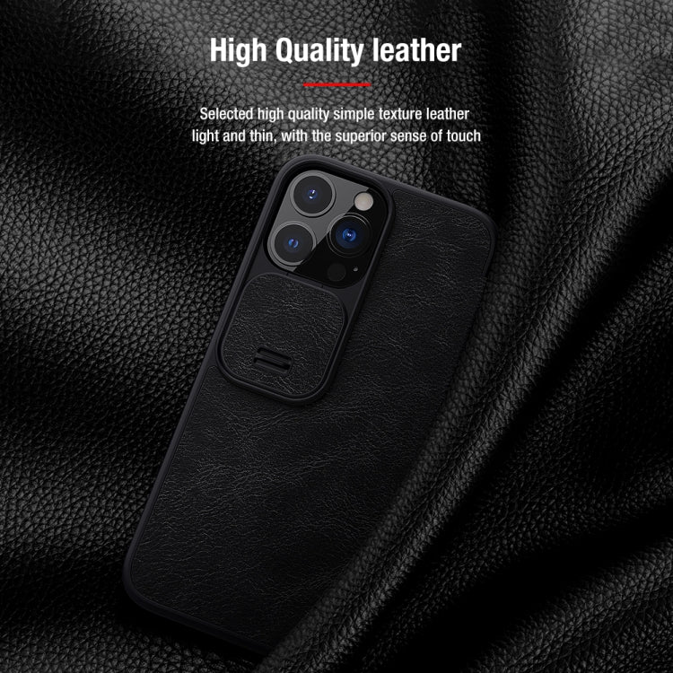NILLKIN QIN Series Pro Sliding Camera Cover Design Crazy Horse Texture Horizontal Flip Leather Case with Card Slot For iPhone 13 Pro Max(Black)