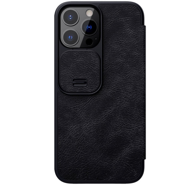 NILLKIN QIN Series Pro Sliding Camera Cover Design Crazy Horse Texture Horizontal Flip Leather Case with Card Slot For iPhone 13 Pro Max(Black)