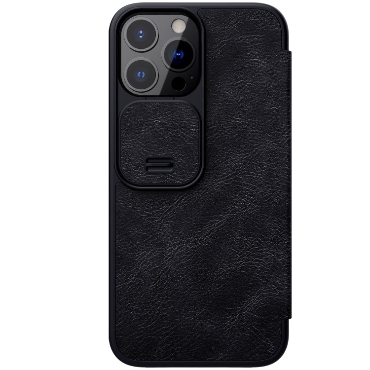 NILLKIN QIN Series Pro Sliding Camera Cover Design Crazy Horse Texture Horizontal Flip Leather Case with Card Slot For iPhone 13 Pro Max(Black)