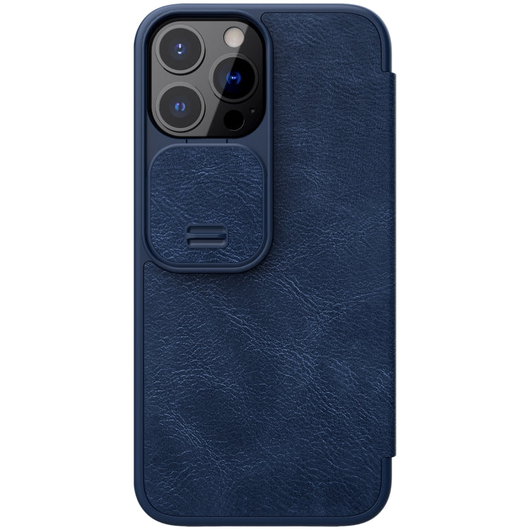 NILLKIN QIN Series Pro Sliding Camera Cover Design Crazy Horse Texture Horizontal Flip Leather Case with Card Slot For iPhone 13 Pro Max(Blue)