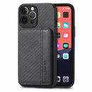 Carbon Fiber Magnetic Card Bag TPU+PU Shockproof Back Cover Case with Holder & Card Slot & Photo Frame For iPhone 13 Pro Max(Black)
