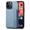 Carbon Fiber Magnetic Card Bag TPU+PU Shockproof Back Cover Case with Holder & Card Slot & Photo Frame For iPhone 13 Pro Max(Blue)
