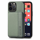 Carbon Fiber Magnetic Card Bag TPU+PU Shockproof Back Cover Case with Holder & Card Slot & Photo Frame For iPhone 13 Pro Max(Green)