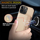 Carbon Fiber Magnetic Card Bag TPU+PU Shockproof Back Cover Case with Holder & Card Slot & Photo Frame For iPhone 13 Pro Max(Khaki)