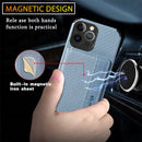 Carbon Fiber Magnetic Card Bag TPU+PU Shockproof Back Cover Case with Holder & Card Slot & Photo Frame For iPhone 13 Pro(Blue)