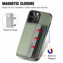 Carbon Fiber Magnetic Card Bag TPU+PU Shockproof Back Cover Case with Holder & Card Slot & Photo Frame For iPhone 13 Pro(Green)