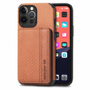 Carbon Fiber Magnetic Card Bag TPU+PU Shockproof Back Cover Case with Holder & Card Slot & Photo Frame For iPhone 13 Pro(Brown)