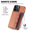 Carbon Fiber Magnetic Card Bag TPU+PU Shockproof Back Cover Case with Holder & Card Slot & Photo Frame For iPhone 13 Pro(Brown)