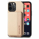 Carbon Fiber Magnetic Card Bag TPU+PU Shockproof Back Cover Case with Holder & Card Slot & Photo Frame For iPhone 13 Pro(Khaki)