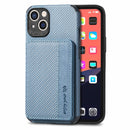 Carbon Fiber Magnetic Card Bag TPU+PU Shockproof Back Cover Case with Holder & Card Slot & Photo Frame For iPhone 13(Blue)