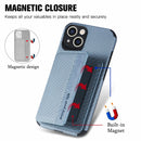 Carbon Fiber Magnetic Card Bag TPU+PU Shockproof Back Cover Case with Holder & Card Slot & Photo Frame For iPhone 13(Blue)