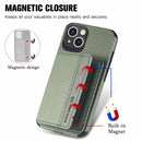 Carbon Fiber Magnetic Card Bag TPU+PU Shockproof Back Cover Case with Holder & Card Slot & Photo Frame For iPhone 13(Green)