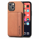 Carbon Fiber Magnetic Card Bag TPU+PU Shockproof Back Cover Case with Holder & Card Slot & Photo Frame For iPhone 13(Brown)