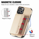 Carbon Fiber Magnetic Card Bag TPU+PU Shockproof Back Cover Case with Holder & Card Slot & Photo Frame For iPhone 13(Khaki)
