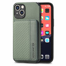 Carbon Fiber Magnetic Card Bag TPU+PU Shockproof Back Cover Case with Holder & Card Slot & Photo Frame For iPhone 13 mini(Green)