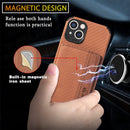 Carbon Fiber Magnetic Card Bag TPU+PU Shockproof Back Cover Case with Holder & Card Slot & Photo Frame For iPhone 13 mini(Brown)