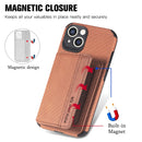 Carbon Fiber Magnetic Card Bag TPU+PU Shockproof Back Cover Case with Holder & Card Slot & Photo Frame For iPhone 13 mini(Brown)