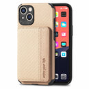 Carbon Fiber Magnetic Card Bag TPU+PU Shockproof Back Cover Case with Holder & Card Slot & Photo Frame For iPhone 13 mini(Khaki)