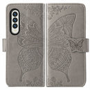 For Samsung Galaxy Z Fold3 5G Butterfly Love Flowers Embossed Horizontal Flip Leather Case with Holder & Card Slots & Wallet & Lanyard(Grey)