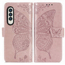 For Samsung Galaxy Z Fold3 5G Butterfly Love Flowers Embossed Horizontal Flip Leather Case with Holder & Card Slots & Wallet & Lanyard(Rose Gold)