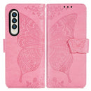 For Samsung Galaxy Z Fold3 5G Butterfly Love Flowers Embossed Horizontal Flip Leather Case with Holder & Card Slots & Wallet & Lanyard(Pink)