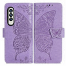 For Samsung Galaxy Z Fold3 5G Butterfly Love Flowers Embossed Horizontal Flip Leather Case with Holder & Card Slots & Wallet & Lanyard(Light Purple)