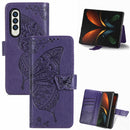 For Samsung Galaxy Z Fold3 5G Butterfly Love Flowers Embossed Horizontal Flip Leather Case with Holder & Card Slots & Wallet & Lanyard(Dark Purple)