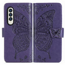 For Samsung Galaxy Z Fold3 5G Butterfly Love Flowers Embossed Horizontal Flip Leather Case with Holder & Card Slots & Wallet & Lanyard(Dark Purple)
