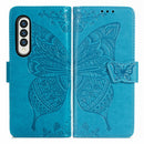 For Samsung Galaxy Z Fold3 5G Butterfly Love Flowers Embossed Horizontal Flip Leather Case with Holder & Card Slots & Wallet & Lanyard(Blue)