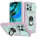 Sliding Camera Cover Design TPU + PC Protective Case with 360 Degree Rotating Holder & Card Slot For iPhone 13 Pro Max(Pink+Green)