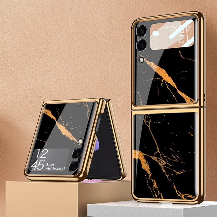 For Samsung Galaxy Z Flip3 5G GKK Electroplating Painted Glass Case(Gold Line Black)