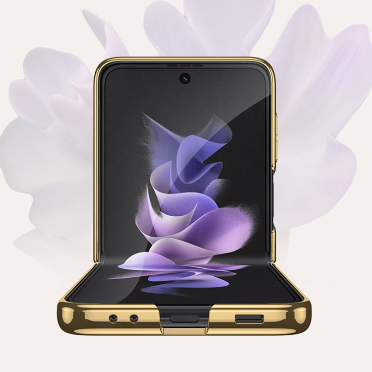 For Samsung Galaxy Z Flip3 5G GKK Electroplating Painted Glass Case(Gold Line White)