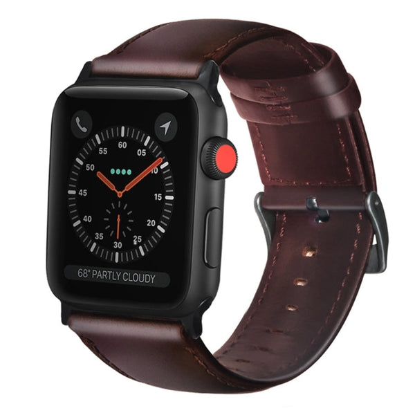 For Apple Watch Series 7 41mm / 6 & SE & 5 & 4 40mm / 3 & 2 & 1 38mm Oil Wax Genuine Leather Strap Watch Band(Red Brown)
