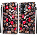 Voltage Coloured Drawing Magnetic Clasp Horizontal Flip PU Leather Case with Holder & Card Slots For Huawei P50(C06 Red Lip Chocolate)