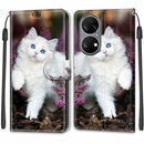 Voltage Coloured Drawing Magnetic Clasp Horizontal Flip PU Leather Case with Holder & Card Slots For Huawei P50(C08 Flower Bush Big White Cat)