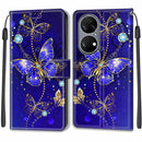 Voltage Coloured Drawing Magnetic Clasp Horizontal Flip PU Leather Case with Holder & Card Slots For Huawei P50(C11 Blue Golden Chain Butterflies)