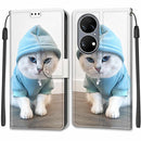 Voltage Coloured Drawing Magnetic Clasp Horizontal Flip PU Leather Case with Holder & Card Slots For Huawei P50(C15 Blue Sweater White Cat)