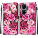 Voltage Coloured Drawing Magnetic Clasp Horizontal Flip PU Leather Case with Holder & Card Slots For Huawei P50(C17 Green Leaf Pink Rose)